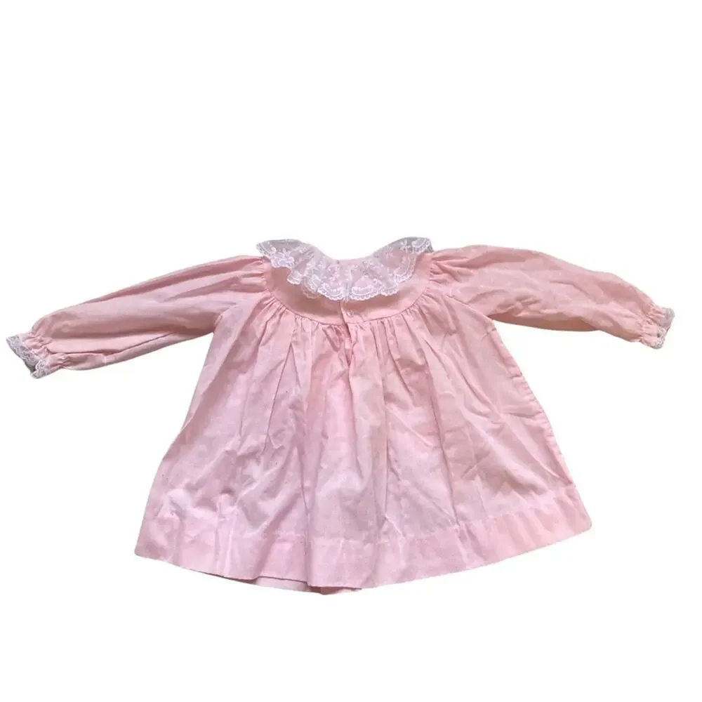 Vintage 1989 Girls 18 Months Pink Long Sleeve Dress With Lace Collar and Cuff